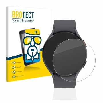 Face avant d’un emballage produit avec le logo de la marque BROTECT. À côté, l’appareil Samsung Galaxy Watch 5 (44mm) est repr
