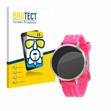 Face avant d’un emballage produit avec le logo de la marque BROTECT. À côté, l’appareil Kiddus Children's Learning Watch est r