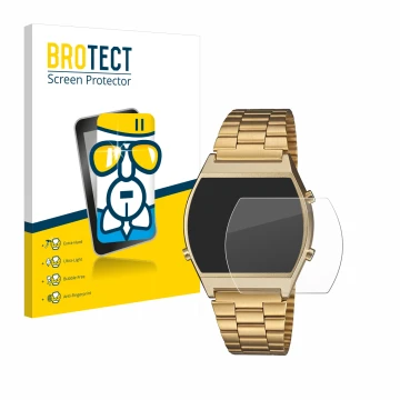 Face avant d’un emballage produit avec le logo de la marque BROTECT. À côté, l’appareil Casio Retro B640WB est représenté avec