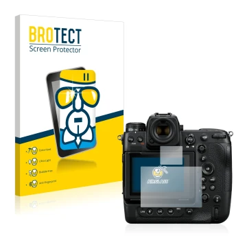 Face avant d’un emballage produit avec le logo de la marque BROTECT. À côté, l’appareil Nikon Z 9 (Affichage + affichage des é