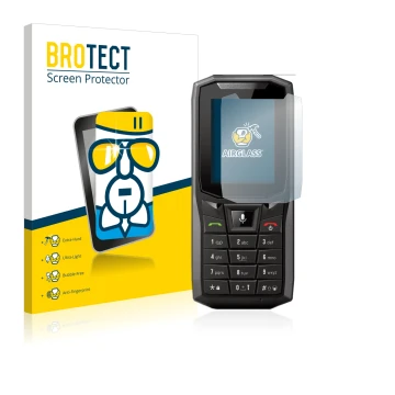 Face avant d’un emballage produit avec le logo de la marque BROTECT. À côté, l’appareil Crosscall Core-S4 est représenté avec 