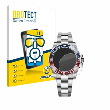 Face avant d’un emballage produit avec le logo de la marque BROTECT. À côté, l’appareil Rolex GMT-Master II est représenté ave
