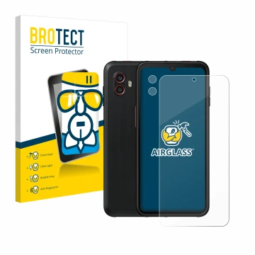 Face avant d’un emballage produit avec le logo de la marque BROTECT. À côté, l’appareil Samsung Galaxy Xcover 6 Pro (Avant+Cam