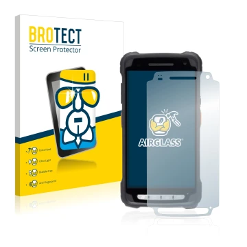 Face avant d’un emballage produit avec le logo de la marque BROTECT. À côté, l’appareil Janam XT3 est représenté avec la prote