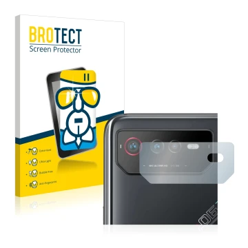 Face avant d’un emballage produit avec le logo de la marque BROTECT. À côté, l’appareil ASUS ROG Phone 6 (Caméra UNIQUEMENT) e