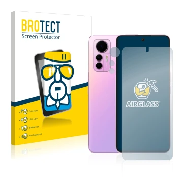 Face avant d’un emballage produit avec le logo de la marque BROTECT. À côté, l’appareil Xiaomi 12 Lite (Avant+Caméra) est repr
