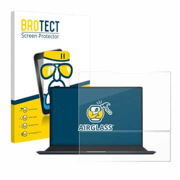 Face avant d’un emballage produit avec le logo de la marque BROTECT. À côté, l’appareil ASUS ZenBook Pro 14 Duo OLED UX8402 es