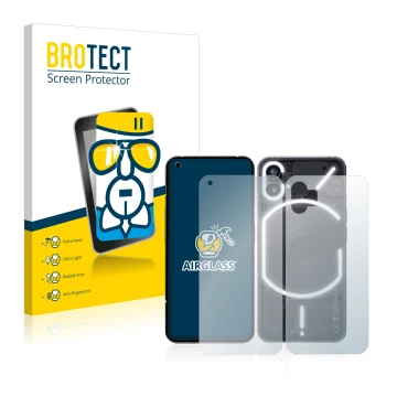 Face avant d’un emballage produit avec le logo de la marque BROTECT. À côté, l’appareil Nothing Phone (1) (Avant+Arrière) est 