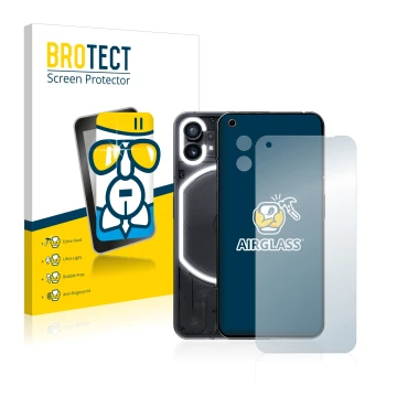 Face avant d’un emballage produit avec le logo de la marque BROTECT. À côté, l’appareil Nothing Phone (1) (Avant+Caméra) est r