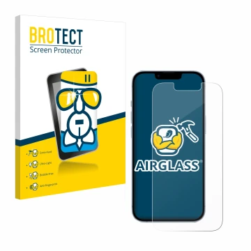 Face avant d’un emballage produit avec le logo de la marque BROTECT. À côté, l’appareil Apple iPhone 14 est représenté avec la