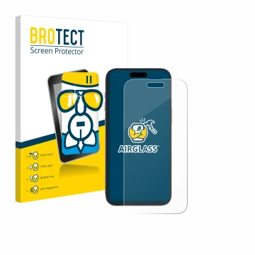 Face avant d’un emballage produit avec le logo de la marque BROTECT. À côté, l’appareil Apple iPhone 14 Pro Max est représenté