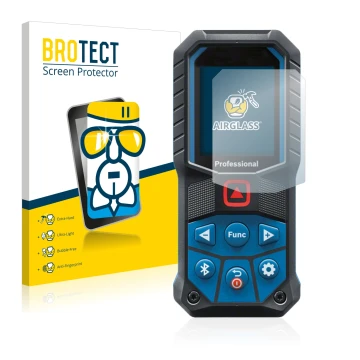 Face avant d’un emballage produit avec le logo de la marque BROTECT. À côté, l’appareil Bosch GLM 50-27 C est représenté avec 