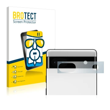 Face avant d’un emballage produit avec le logo de la marque BROTECT. À côté, l’appareil Google Pixel 6a (Caméra UNIQUEMENT) es