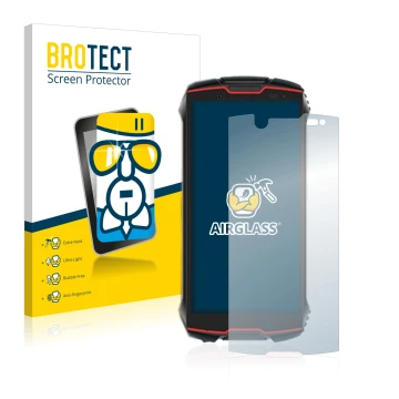 Face avant d’un emballage produit avec le logo de la marque BROTECT. À côté, l’appareil Cubot King Kong Mini 2 Pro est représe