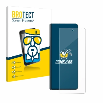 Face avant d’un emballage produit avec le logo de la marque BROTECT. À côté, l’appareil Samsung Galaxy Z Fold 4 est représenté