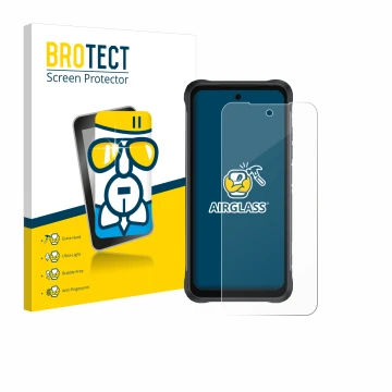 Face avant d’un emballage produit avec le logo de la marque BROTECT. À côté, l’appareil Umidigi Bison 2 Pro est représenté ave