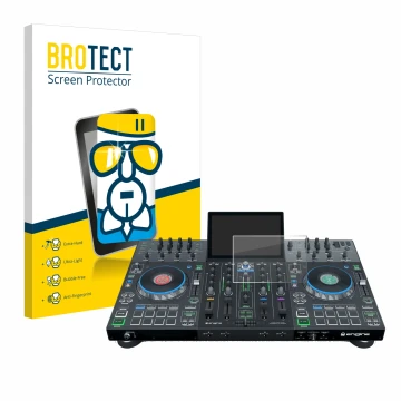 Face avant d’un emballage produit avec le logo de la marque BROTECT. À côté, l’appareil Denon DJ Prime 4 est représenté avec l