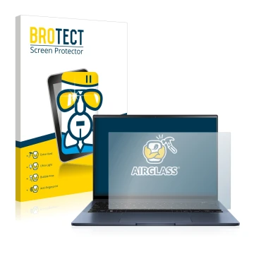 Face avant d’un emballage produit avec le logo de la marque BROTECT. À côté, l’appareil ASUS ZenBook S13 OLED est représenté a