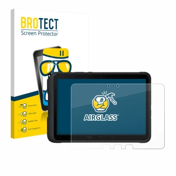 Face avant d’un emballage produit avec le logo de la marque BROTECT. À côté, l’appareil Samsung Galaxy Tab Active 4 Pro est re
