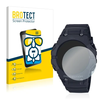 Face avant d’un emballage produit avec le logo de la marque BROTECT. À côté, l’appareil Casio G-Shock GA-B001 est représenté a