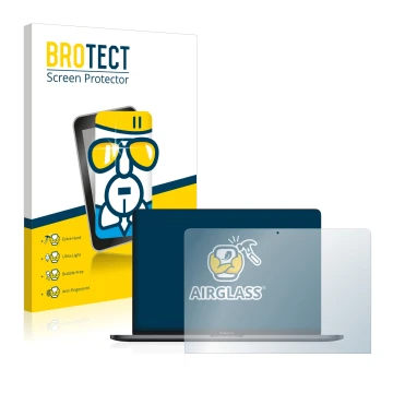 Face avant d’un emballage produit avec le logo de la marque BROTECT. À côté, l’appareil Apple MacBook Pro 13