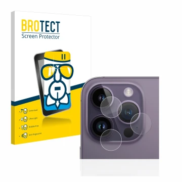 Face avant d’un emballage produit avec le logo de la marque BROTECT. À côté, l’appareil Apple iPhone 14 Pro (Caméra UNIQUEMENT