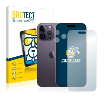 Face avant d’un emballage produit avec le logo de la marque BROTECT. À côté, l’appareil Apple iPhone 14 Pro Max (Avant+Caméra)