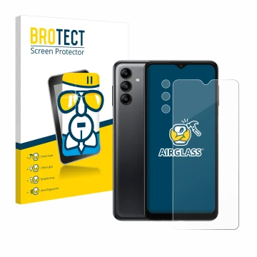Face avant d’un emballage produit avec le logo de la marque BROTECT. À côté, l’appareil Samsung Galaxy A04s (Avant+Caméra) est