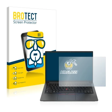 Face avant d’un emballage produit avec le logo de la marque BROTECT. À côté, l’appareil Lenovo ThinkPad E14 Gen 4 est représen