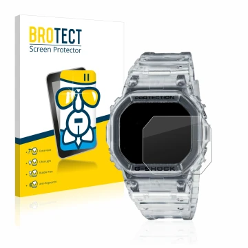 Face avant d’un emballage produit avec le logo de la marque BROTECT. À côté, l’appareil Casio G-Shock DW-5600SKE-7 est représe