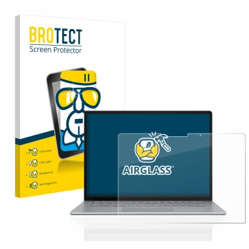 Face avant d’un emballage produit avec le logo de la marque BROTECT. À côté, l’appareil Microsoft Surface Laptop 5 13.5