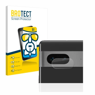 Face avant d’un emballage produit avec le logo de la marque BROTECT. À côté, l’appareil Google Pixel 7 (Caméra UNIQUEMENT) est