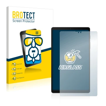 Face avant d’un emballage produit avec le logo de la marque BROTECT. À côté, l’appareil Samsung Galaxy Tab A7 Lite 2022 est re