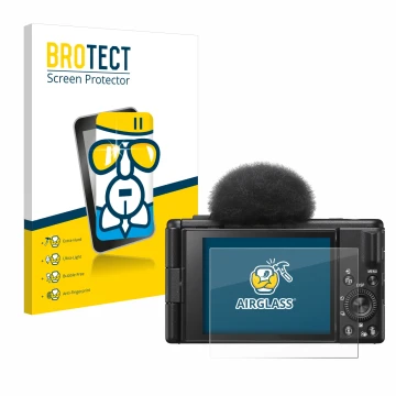 Face avant d’un emballage produit avec le logo de la marque BROTECT. À côté, l’appareil Sony ZV-1F est représenté avec la prot