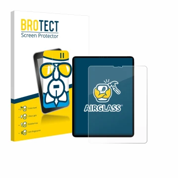 Face avant d’un emballage produit avec le logo de la marque BROTECT. À côté, l’appareil Apple iPad Pro 12.9