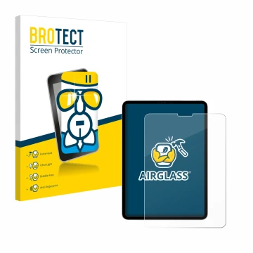 Face avant d’un emballage produit avec le logo de la marque BROTECT. À côté, l’appareil Apple iPad Pro 11