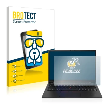 Face avant d’un emballage produit avec le logo de la marque BROTECT. À côté, l’appareil Lenovo ThinkPad X1 Carbon Touch 14