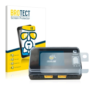 Face avant d’un emballage produit avec le logo de la marque BROTECT. À côté, l’appareil ToolkitRC M6D Dual Charger est représe