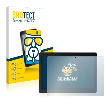 Face avant d’un emballage produit avec le logo de la marque BROTECT. À côté, l’appareil Acepad A145 10.1
