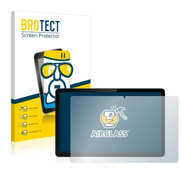 Face avant d’un emballage produit avec le logo de la marque BROTECT. À côté, l’appareil realme Pad 10.4