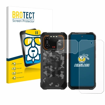 Face avant d’un emballage produit avec le logo de la marque BROTECT. À côté, l’appareil iiiF150 B1 Pro (Avant+Caméra) est repr