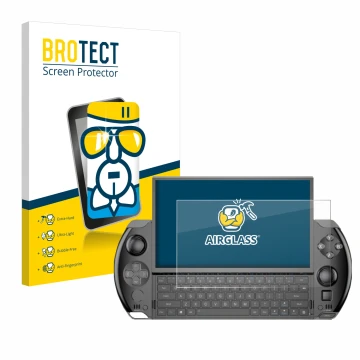 Face avant d’un emballage produit avec le logo de la marque BROTECT. À côté, l’appareil GPD Win 4 est représenté avec la prote
