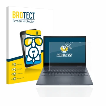 Face avant d’un emballage produit avec le logo de la marque BROTECT. À côté, l’appareil HP Envy x360 13-bfxxx est représenté a