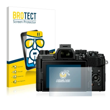 Face avant d’un emballage produit avec le logo de la marque BROTECT. À côté, l’appareil Olympus OM System OM-5 est représenté 