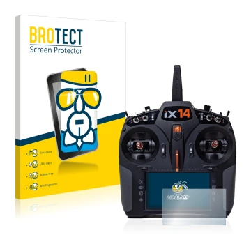 Face avant d’un emballage produit avec le logo de la marque BROTECT. À côté, l’appareil Spektrum iX14 est représenté avec la p