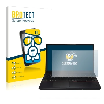 Face avant d’un emballage produit avec le logo de la marque BROTECT. À côté, l’appareil Fujitsu Lifebook E5512 est représenté 