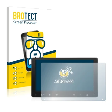 Face avant d’un emballage produit avec le logo de la marque BROTECT. À côté, l’appareil Atoto A6 PF 9 Zoll est représenté avec