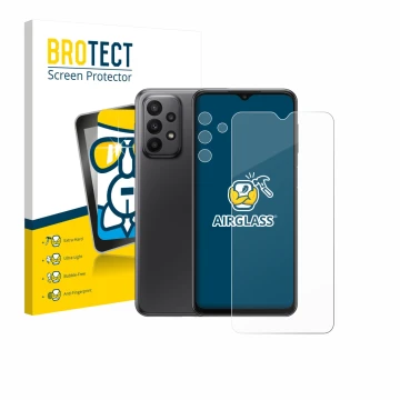 Face avant d’un emballage produit avec le logo de la marque BROTECT. À côté, l’appareil Samsung Galaxy A23 5G (Avant+Caméra) e