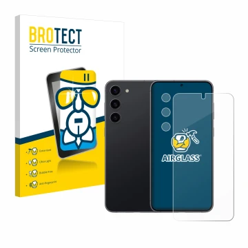 Face avant d’un emballage produit avec le logo de la marque BROTECT. À côté, l’appareil Samsung Galaxy S23 (Avant+Caméra) est 