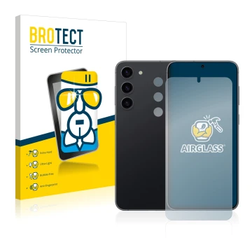 Face avant d’un emballage produit avec le logo de la marque BROTECT. À côté, l’appareil Samsung Galaxy S23 Plus (Avant+Caméra)